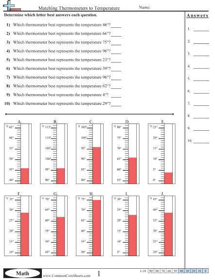 Temperature Worksheets - Matching Thermometers to Temperature  worksheet